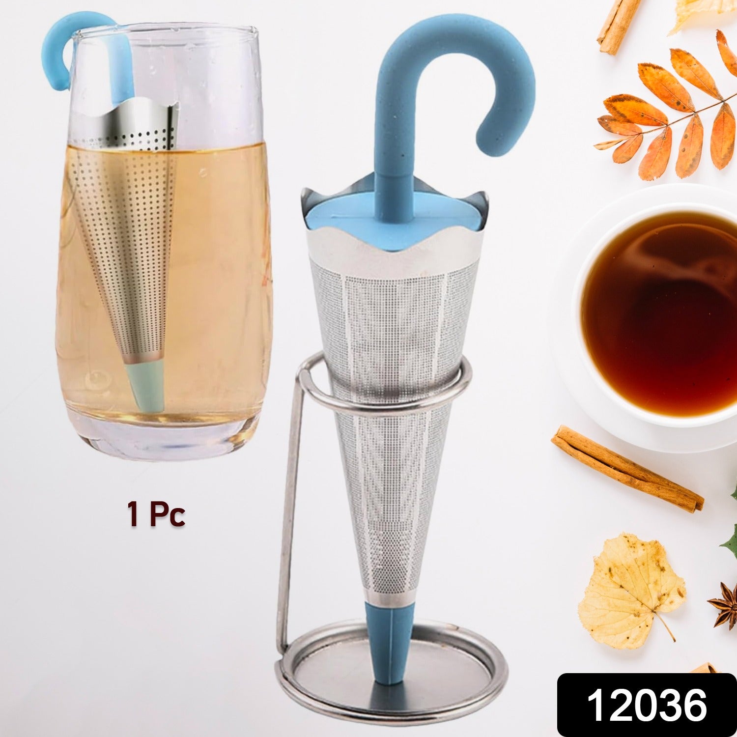 Reusable Cute Umbrella Tea Strainer With Tray  Stand (1 Pc) Reusable Cute Umbrella Tea Strainer With Tray  Stand (1 Pc)